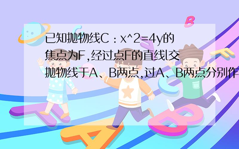 已知抛物线C：x^2=4y的焦点为F,经过点F的直线l交抛物线于A、B两点,过A、B两点分别作抛物线的切线,设两切线的交点为M（1）求点M的轨迹方程（2）求证：MF⊥AB（3）设△MAB的面积为S,求S的最小