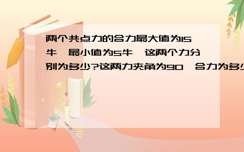 两个共点力的合力最大值为15牛,最小值为5牛,这两个力分别为多少?这两力夹角为90,合力为多少