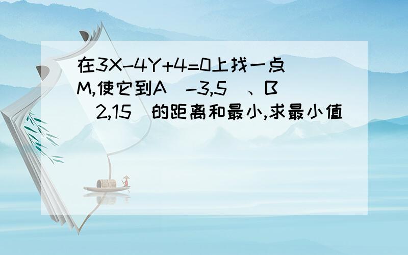 在3X-4Y+4=0上找一点M,使它到A（-3,5）、B（2,15）的距离和最小,求最小值