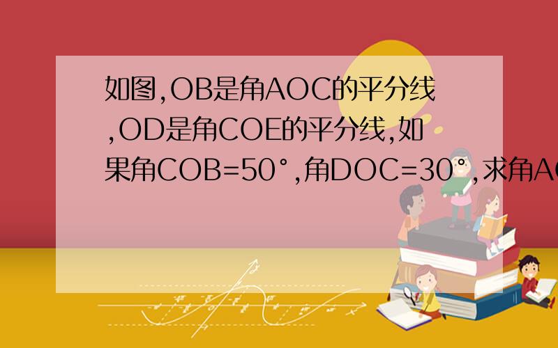 如图,OB是角AOC的平分线,OD是角COE的平分线,如果角COB=50°,角DOC=30°,求角AOE的度数