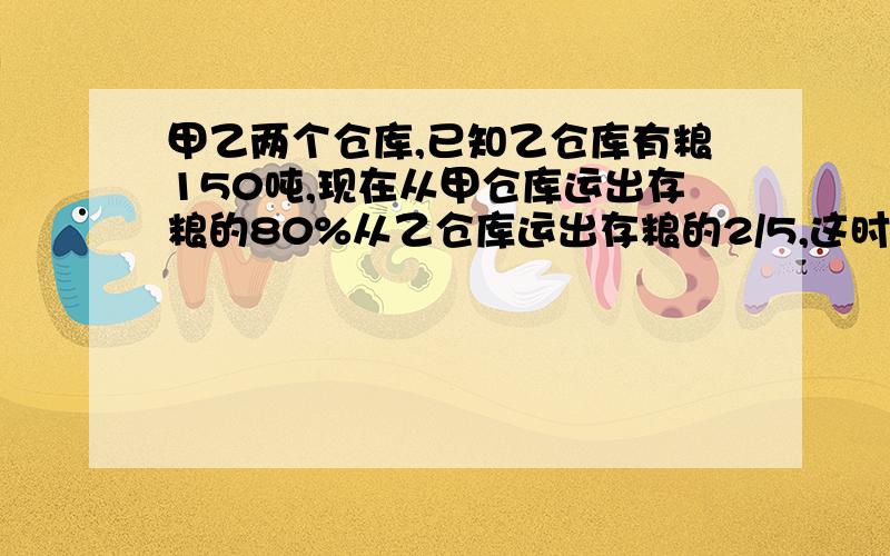 甲乙两个仓库,已知乙仓库有粮150吨,现在从甲仓库运出存粮的80%从乙仓库运出存粮的2/5,这时两仓剩下的粮食的3倍少6吨,甲仓原有粮食多少吨