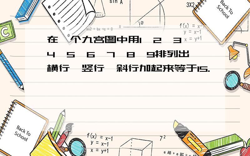 在一个九宫图中用1、2、3、4、5、6、7、8、9排列出横行、竖行、斜行加起来等于15.