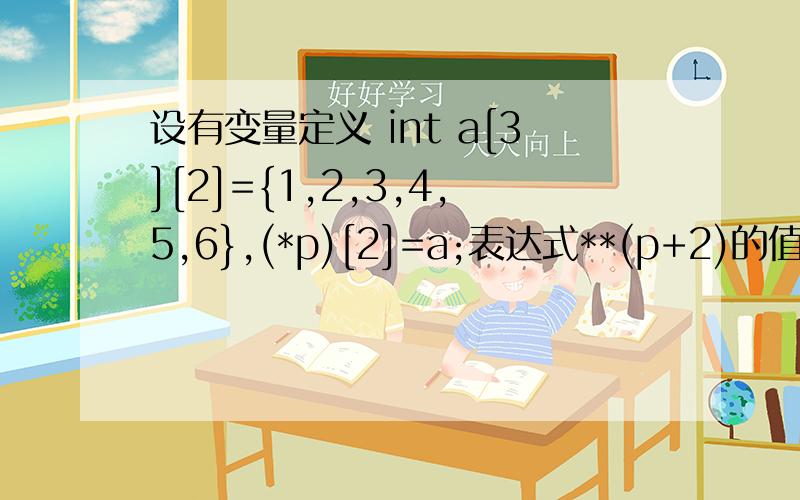 设有变量定义 int a[3][2]={1,2,3,4,5,6},(*p)[2]=a;表达式**(p+2)的值?