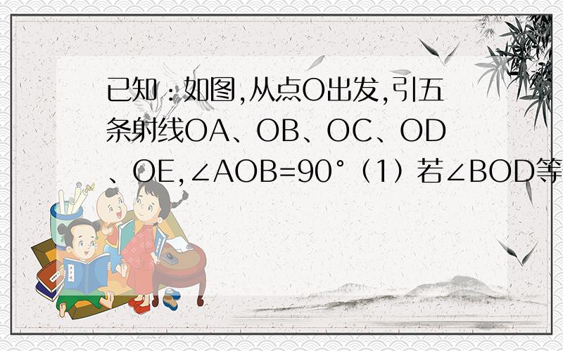 已知：如图,从点O出发,引五条射线OA、OB、OC、OD、OE,∠AOB=90°（1）若∠BOD等于∠AOD的补角的3倍,求∠AOD的度数；（2）若OE平分∠AOD,且∠AOC：∠BOC=1：2.要求∠EOD的度数,但还差一个条件.现给出