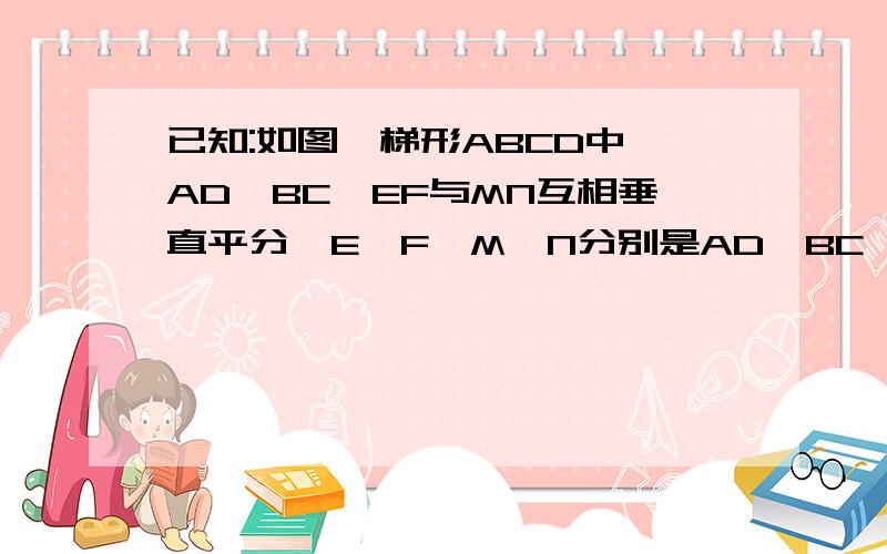 已知:如图,梯形ABCD中,AD‖BC,EF与MN互相垂直平分,E,F,M,N分别是AD,BC,BD,AC的中点.求证：AB=CD