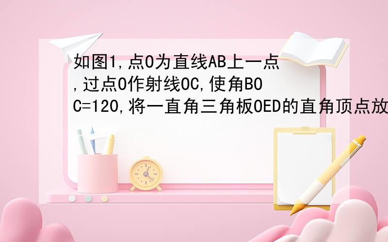 如图1,点O为直线AB上一点,过点O作射线OC,使角BOC=120,将一直角三角板OED的直角顶点放在点Q处,一边OE在射线OB上，另一边OD在直线AB的上方。(1)图一中的三角板OED绕O逆时针旋转至图二，使一边OE在