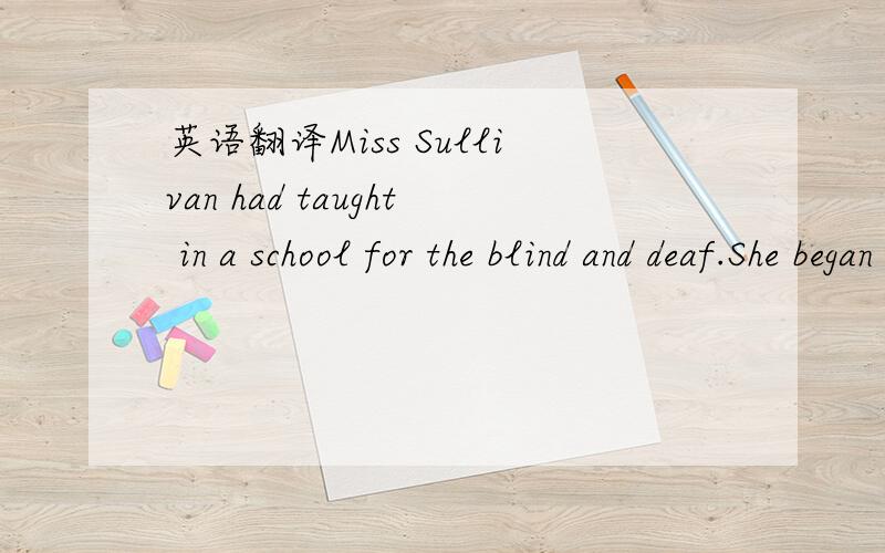 英语翻译Miss Sullivan had taught in a school for the blind and deaf.She began to teach Helen how to spell by using a special system.She would tap the letters into Helen’s hand,then place in her hand the thing that the word described.The first w