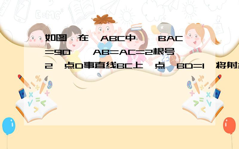 如图,在△ABC中,∠BAC=90°,AB=AC=2根号2,点D事直线BC上一点,BD=1,将射线AD绕点A逆时针旋转45°得到射线AE,交直线BC于点E,则DE=（）