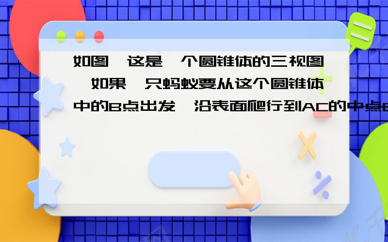 如图,这是一个圆锥体的三视图,如果一只蚂蚁要从这个圆锥体中的B点出发,沿表面爬行到AC的中点D请求出这一路线的最短路程 我认为这道题不应该在平面三角形内做,而应该展开,就如图是求展