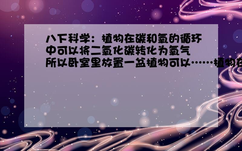 八下科学：植物在碳和氧的循环中可以将二氧化碳转化为氧气 所以卧室里放置一盆植物可以……植物在碳和氧的循环中可以将二氧化碳转化为氧气 所以卧室里放置一盆植物可以使空气清新.