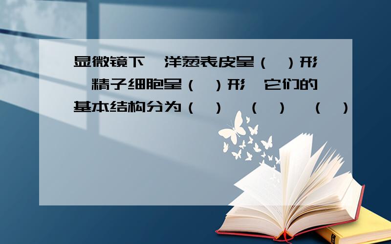 显微镜下,洋葱表皮呈（ ）形,精子细胞呈（ ）形,它们的基本结构分为（ ）、（ ）、（ ）