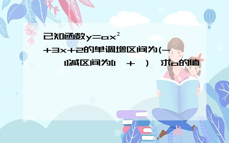 已知函数y=ax²+3x+2的单调增区间为(-∞,1]减区间为[1,+∞),求a的值