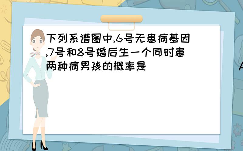 下列系谱图中,6号无患病基因,7号和8号婚后生一个同时患两种病男孩的概率是    [     ]   A．1/48B．1/24C．1/16D．无法确定