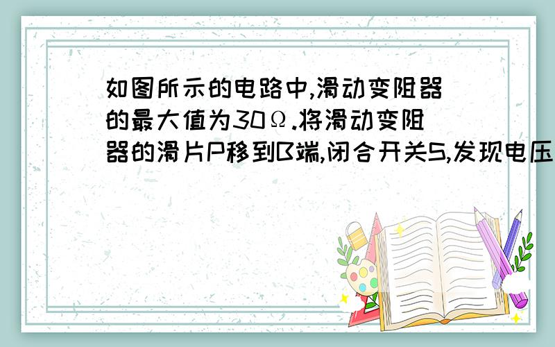 如图所示的电路中,滑动变阻器的最大值为30Ω.将滑动变阻器的滑片P移到B端,闭合开关S,发现电压表的示数变为6V;当滑片P移至A端时,电流表的示数变为0.6A.求电源电压U和R1的阻值.