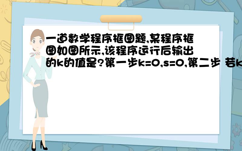 一道数学程序框图题,某程序框图如图所示,该程序运行后输出的k的值是?第一步k=0,s=0,第二步 若k小于1000,则S=S+2,k=k+1,否的话就输出k