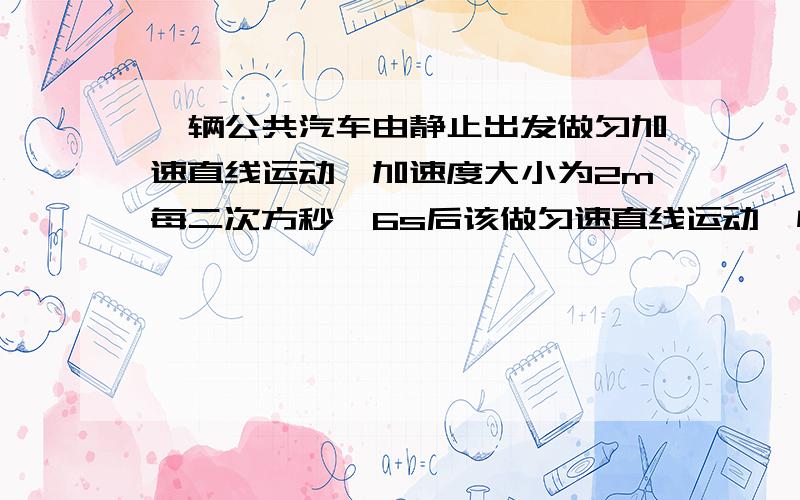 一辆公共汽车由静止出发做匀加速直线运动,加速度大小为2m每二次方秒,6s后该做匀速直线运动,快到下一站时关闭发动机做匀速减速直线运动,再经12s停止求汽车匀速行驶的速度但是格式呢?要