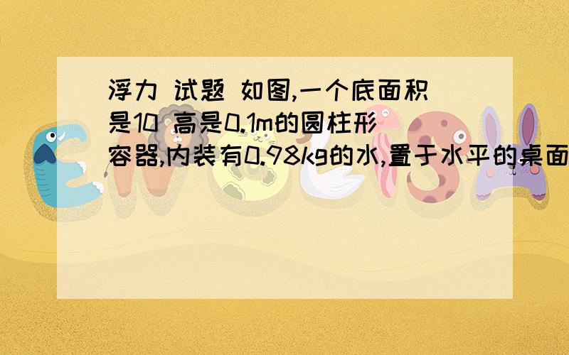 浮力 试题 如图,一个底面积是10 高是0.1m的圆柱形容器,内装有0.98kg的水,置于水平的桌面上,将一个体积是2×10 的小球放入水中,小球静止时,容器中有0.1kg水溢出, .①求该容器最多能装多少质量