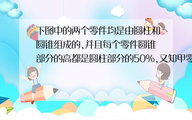 下图中的两个零件均是由圆柱和圆锥组成的,并且每个零件圆锥部分的高都是圆柱部分的50%,又知甲零件的底面半径与乙零件底面直径相等,高是乙零件高的2倍.则乙零件的体积相当于甲零件体