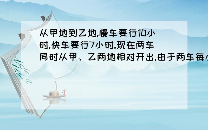 从甲地到乙地,慢车要行10小时,快车要行7小时.现在两车同时从甲、乙两地相对开出,由于两车每小时各多行 了15千米,所以3.5小时两车在途中相遇.甲、乙两地相距多少千米?