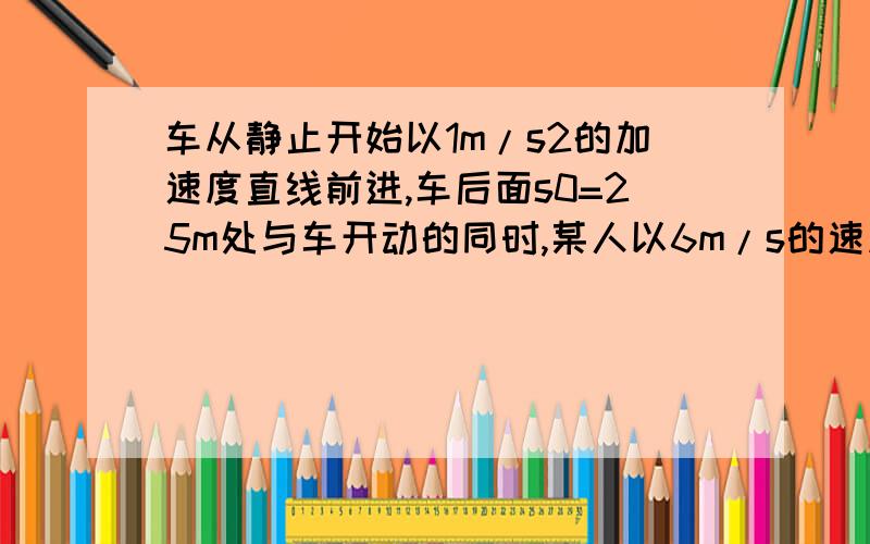 车从静止开始以1m/s2的加速度直线前进,车后面s0=25m处与车开动的同时,某人以6m/s的速度匀速追车,问能否追上?若追不上,求人、车间的最小距离.