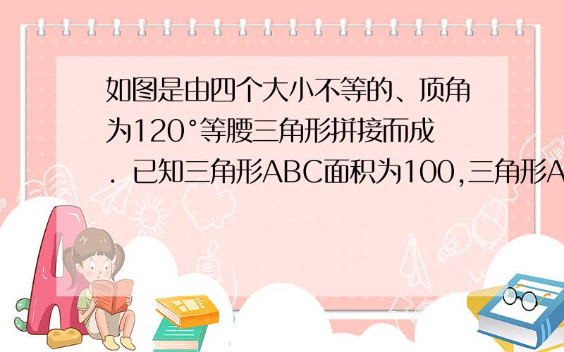 如图是由四个大小不等的、顶角为120°等腰三角形拼接而成．已知三角形ABC面积为100,三角形ACD面积为32,三角形ABF的面积为37．组成图形的四个等腰三角形中,最小的一个面积为 ．    (要有详解.