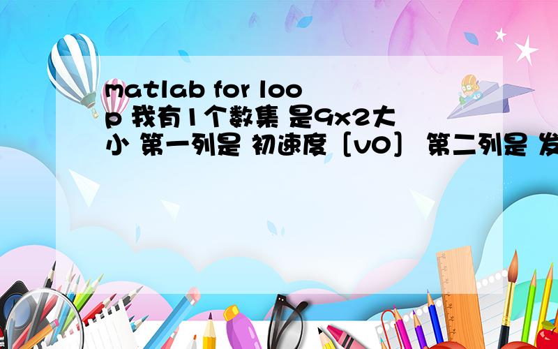 matlab for loop 我有1个数集 是9x2大小 第一列是 初速度［v0］ 第二列是 发射角度[theta]公式：y = v0.*t.*sind(theta) -0.5*9.8*t.^2;求每次发射物体后,物体飞行的总时间.注：文件中每一横的2个数代表这