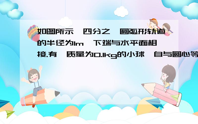 如图所示,四分之一圆弧形轨道的半径为1m,下端与水平面相接.有一质量为0.1kg的小球,自与圆心等高的A点从静止开始下滑,滑到B点时的速度为3m/s,然后沿水平前进3m,到达C点停止.（g=10m/s^2）试求