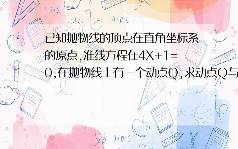 已知抛物线的顶点在直角坐标系的原点,准线方程在4X+1=0,在抛物线上有一个动点Q,求动点Q与点A(1,0%2已知抛物线的顶点在直角坐标系的原点，准线方程在4X 1=0，在抛物线上有一个动点Q，求动点