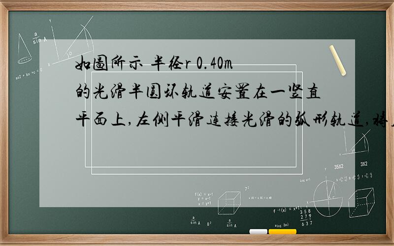 如图所示 半径r 0.40m的光滑半圆环轨道安置在一竖直平面上,左侧平滑连接光滑的弧形轨道,将质量m=0.2KG的小球从弧形轨道上端的A点由禁止释放,到达最高点B时对轨道压力为0.求：1,小球释放时