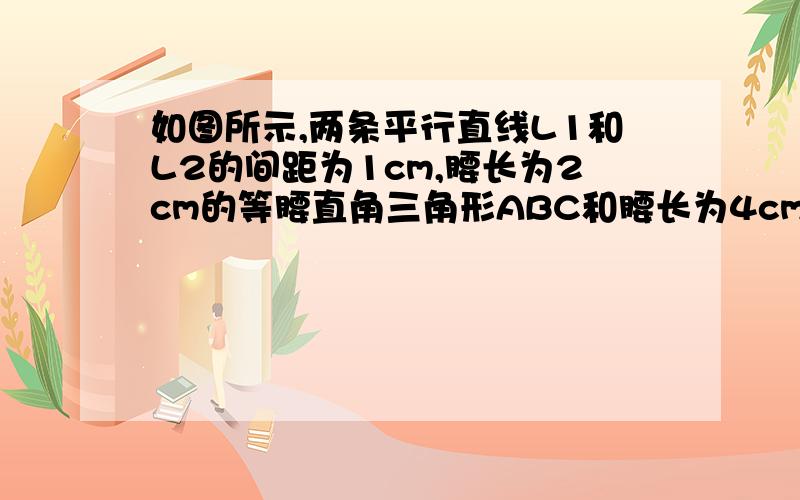 如图所示,两条平行直线L1和L2的间距为1cm,腰长为2cm的等腰直角三角形ABC和腰长为4cm的等腰直角三角形EDF的直角边AC,DF分别在直线L1L2上,BC与L2交于点N,DE与L1相较于点M,CM=2CM,.如果等腰三角形ABC以