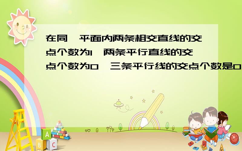 在同一平面内两条相交直线的交点个数为1,两条平行直线的交点个数为0,三条平行线的交点个数是0,经过同一点的三条直线的交点个数是1,以此类推.⑴请你画图说明同一平面内的4条直线的位置