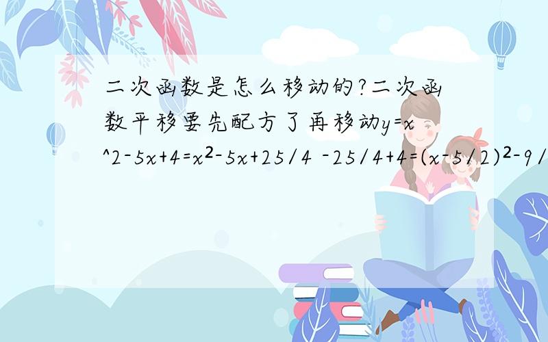 二次函数是怎么移动的?二次函数平移要先配方了再移动y=x^2-5x+4=x²-5x+25/4 -25/4+4=(x-5/2)²-9/4平移遵从“左加右减,上加下减”向左移n个单位是 (x-5/2+n)²-9/4 n要在括号里面向右移n个单位