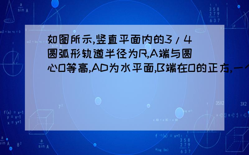 如图所示,竖直平面内的3/4圆弧形轨道半径为R,A端与圆心O等高,AD为水平面,B端在O的正方,一个小球在A点正上方由静止释放,自由下落至A点,进入圆轨道并恰能到达B点.求:1. 释放点距A点的竖直高