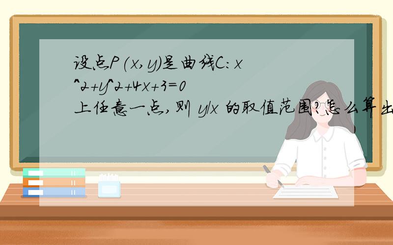 设点P(x,y)是曲线C:x^2+y^2+4x+3=0 上任意一点,则 y/x 的取值范围?怎么算出来,画图取特殊值可以算,但怎么才能用代数法算出结果,请指教~