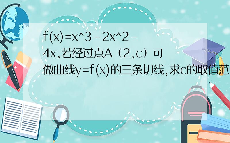 f(x)=x^3-2x^2-4x,若经过点A（2,c）可做曲线y=f(x)的三条切线,求c的取值范围