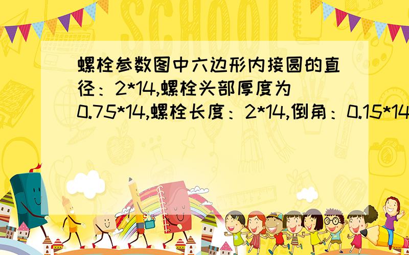 螺栓参数图中六边形内接圆的直径：2*14,螺栓头部厚度为0.75*14,螺栓长度：2*14,倒角：0.15*14*45'请问这些参数分别表示什么意思