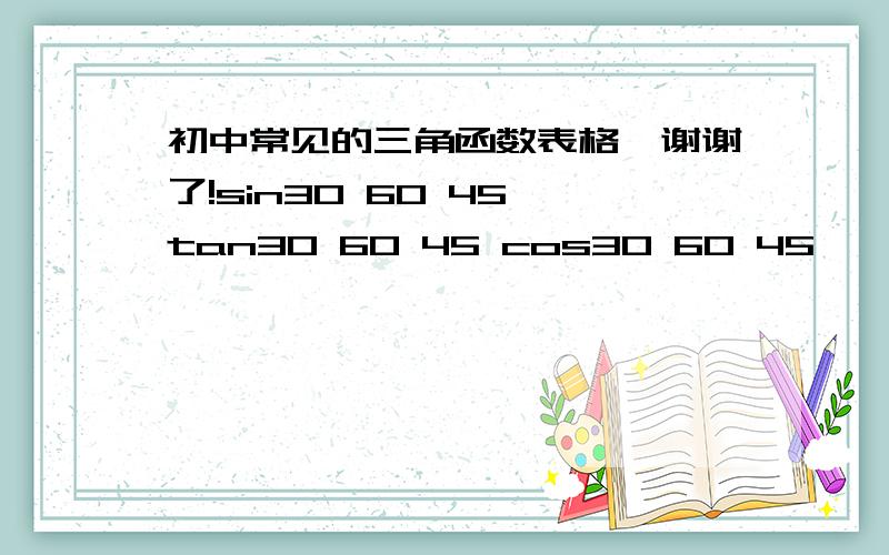 初中常见的三角函数表格,谢谢了!sin30 60 45 tan30 60 45 cos30 60 45