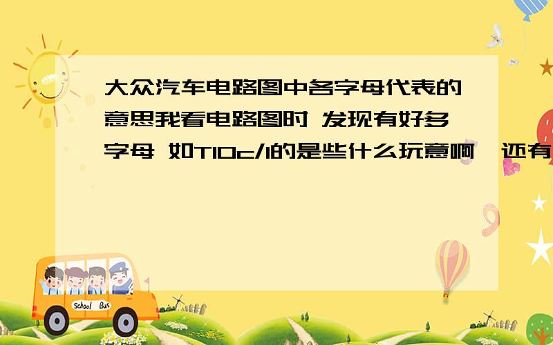 大众汽车电路图中各字母代表的意思我看电路图时 发现有好多字母 如T10c/1的是些什么玩意啊  还有能告诉我电路中各元件代码就更好了