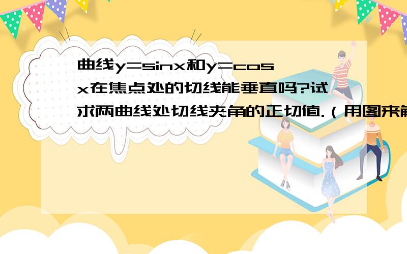 曲线y=sinx和y=cosx在焦点处的切线能垂直吗?试求两曲线处切线夹角的正切值.（用图来解释,标出该夹角和交点坐标）