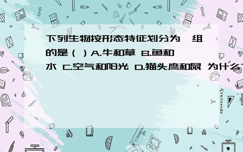 下列生物按形态特征划分为一组的是（）A.牛和草 B.鱼和水 C.空气和阳光 D.猫头鹰和鼠 为什么?