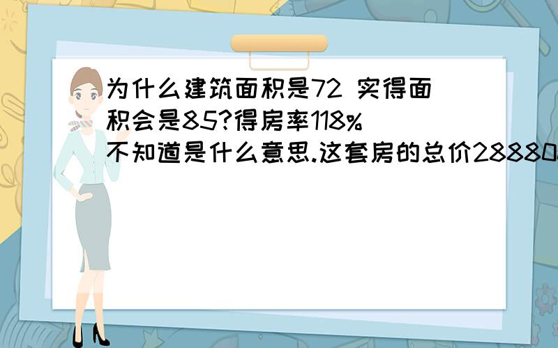 为什么建筑面积是72 实得面积会是85?得房率118% 不知道是什么意思.这套房的总价288800    单价应该怎样算?