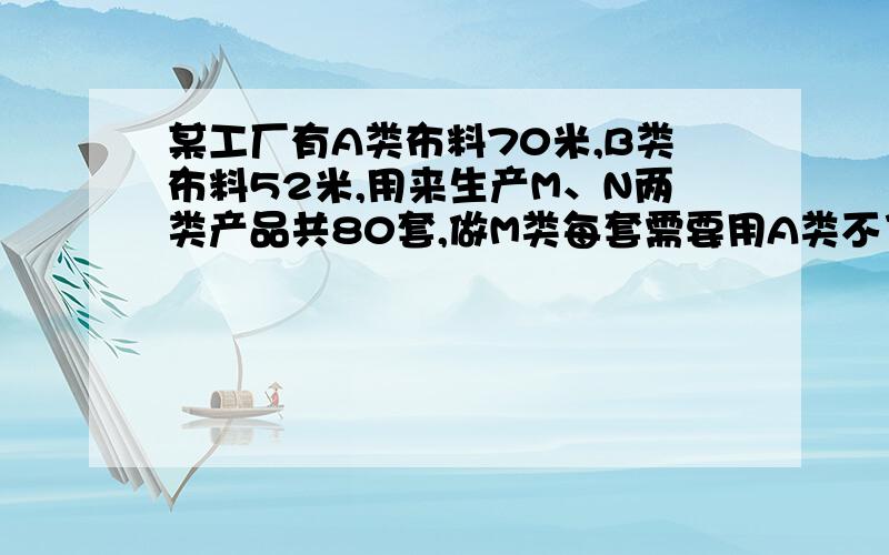 某工厂有A类布料70米,B类布料52米,用来生产M、N两类产品共80套,做M类每套需要用A类不了0.6米,B类布料0.9米,可获得利润49元,做N类每套需要A类布料1.1米,B类布料0.4米,可获利50元,若生产N类的套数