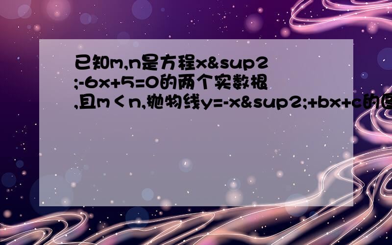 已知m,n是方程x²-6x+5=0的两个实数根,且m＜n,抛物线y=-x²+bx+c的图象经过点A(m,0)、B(0,n)(1)求这个抛物线的解析式(2)设(1)中抛物线与X轴的另一交点为C,抛物线的顶点为D,试求出点C、D的坐标和