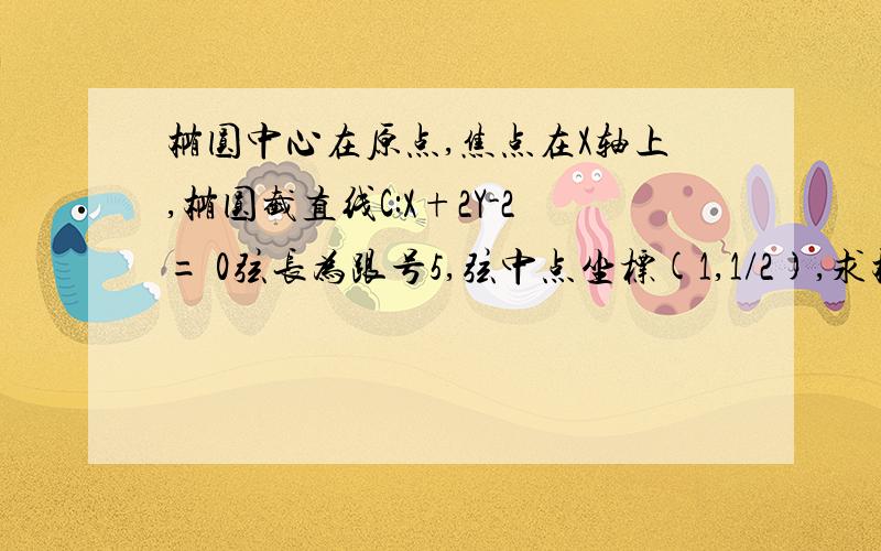 椭圆中心在原点,焦点在X轴上,椭圆截直线C:X+2Y-2= 0弦长为跟号5,弦中点坐标(1,1/2),求椭圆方程写过程