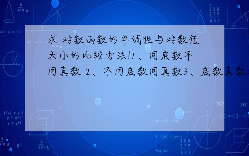 求 对数函数的单调性与对数值大小的比较方法!1、同底数不同真数 2、不同底数同真数3、底数真数均相同求方法越详细越好!第三个错了 是真数底数均不同