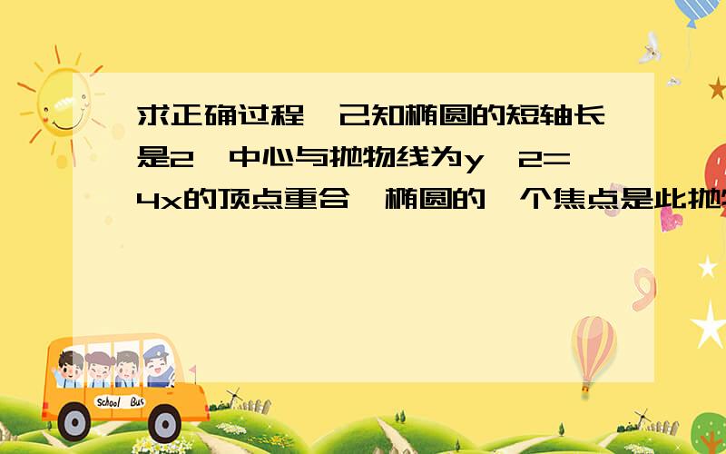 求正确过程,己知椭圆的短轴长是2,中心与抛物线为y^2=4x的顶点重合,椭圆的一个焦点是此抛物线的焦点,求该椭圆的方程及离心率.