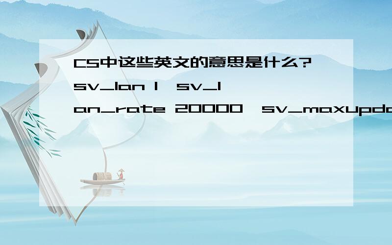 CS中这些英文的意思是什么?sv_lan 1  sv_lan_rate 20000  sv_maxupdaterate 101  sv_maxspeed 320  sv_airaccelerate 10  sv_maxrate 8000  sv_aim 0  sv_cheats 0  sv_airmove 1  sv_allowupload 1  sv_bounce 1  sv_clienttrace 1  sv_clipmode 0  sv_fric