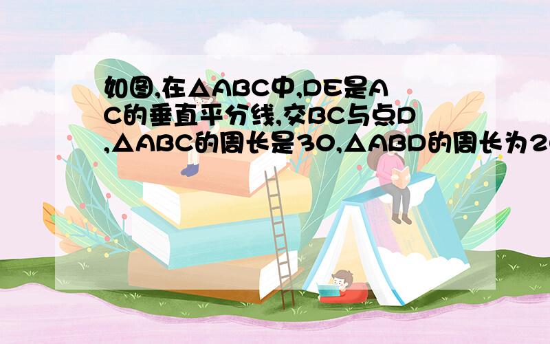 如图,在△ABC中,DE是AC的垂直平分线,交BC与点D,△ABC的周长是30,△ABD的周长为20,求AE的长.