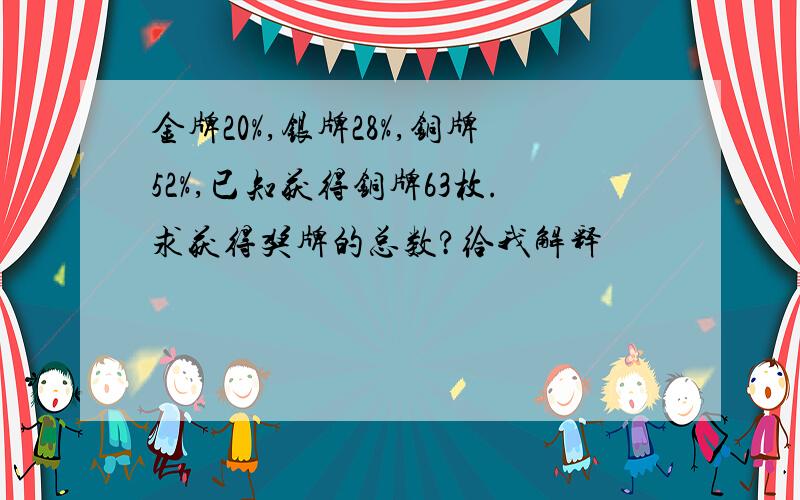 金牌20%,银牌28%,铜牌52%,已知获得铜牌63枚.求获得奖牌的总数?给我解释