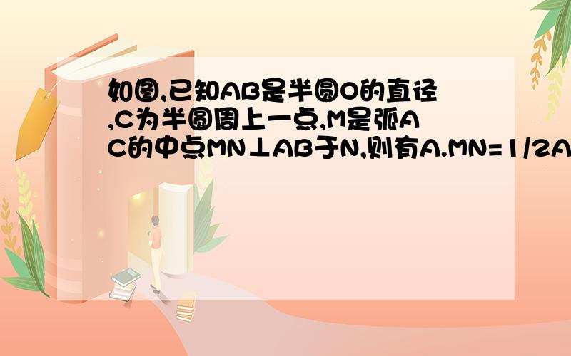 如图,已知AB是半圆O的直径,C为半圆周上一点,M是弧AC的中点MN⊥AB于N,则有A.MN=1/2AC B.MN=二分之根号2 ACC.MN=3/5AC D.MN=三分之根号3 AC